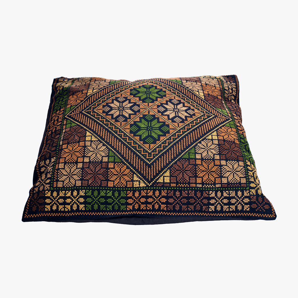 Palestinian Cross-Stitched Cushion | Black, Khaki, Dark Khaki, Golden beige, Chocolate, Coffee brown & Green