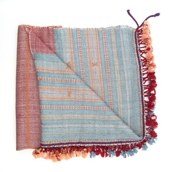 Hand-loomed woolen Shawl with Pompom fringing