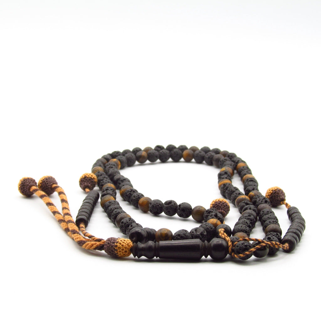 Lava rock, tiger's eye and ebony handmade islamic rosary