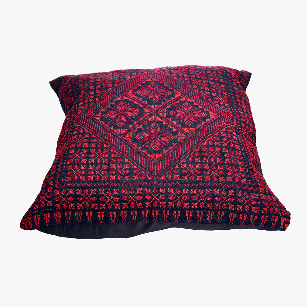 Palestinian Cross-Stitched Cushion | Black, Crimson & Raspberry