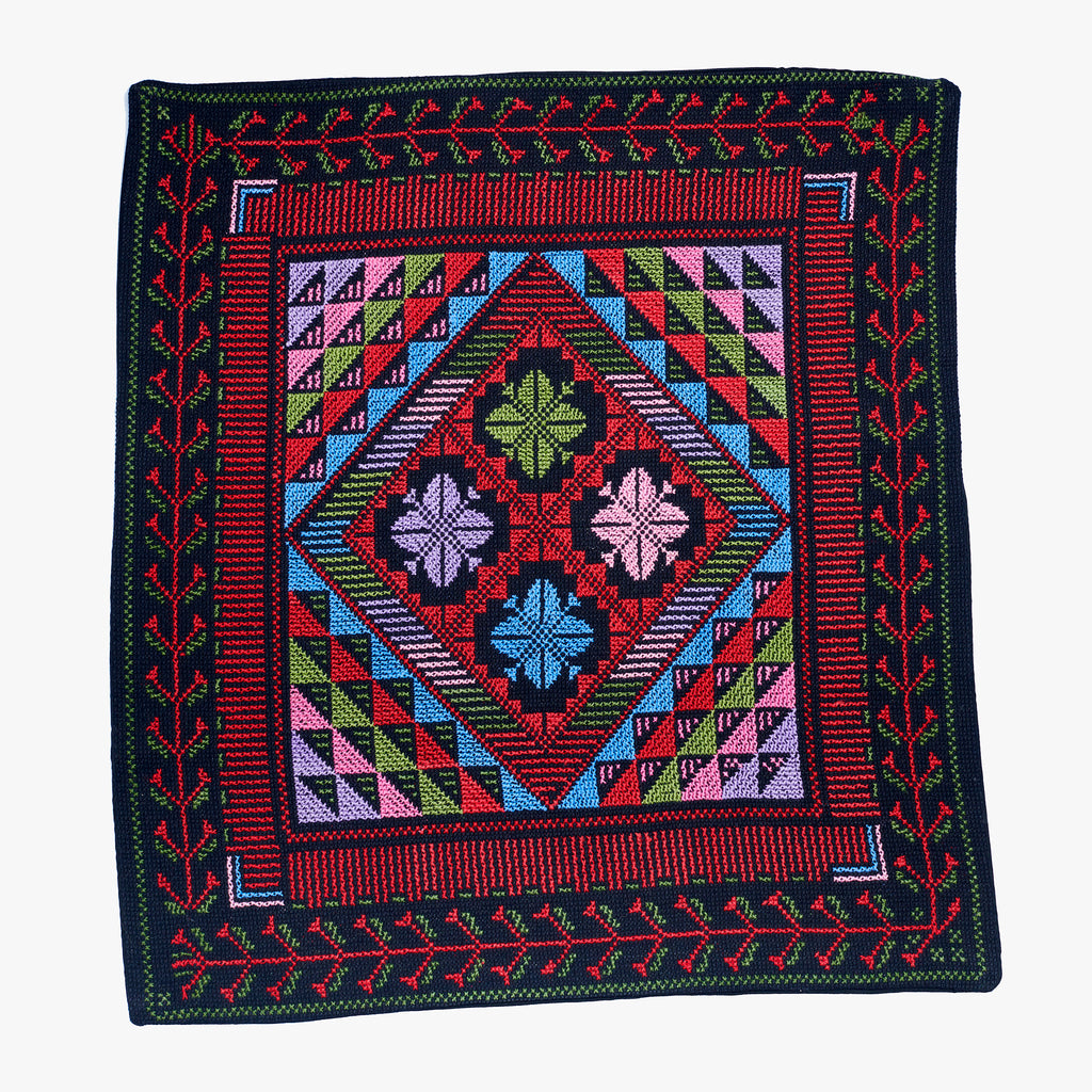 Palestinian Cross-Stitched Cushion | Black, Crimson, Forest Green, Royal Blue, Pink & Blue Violet