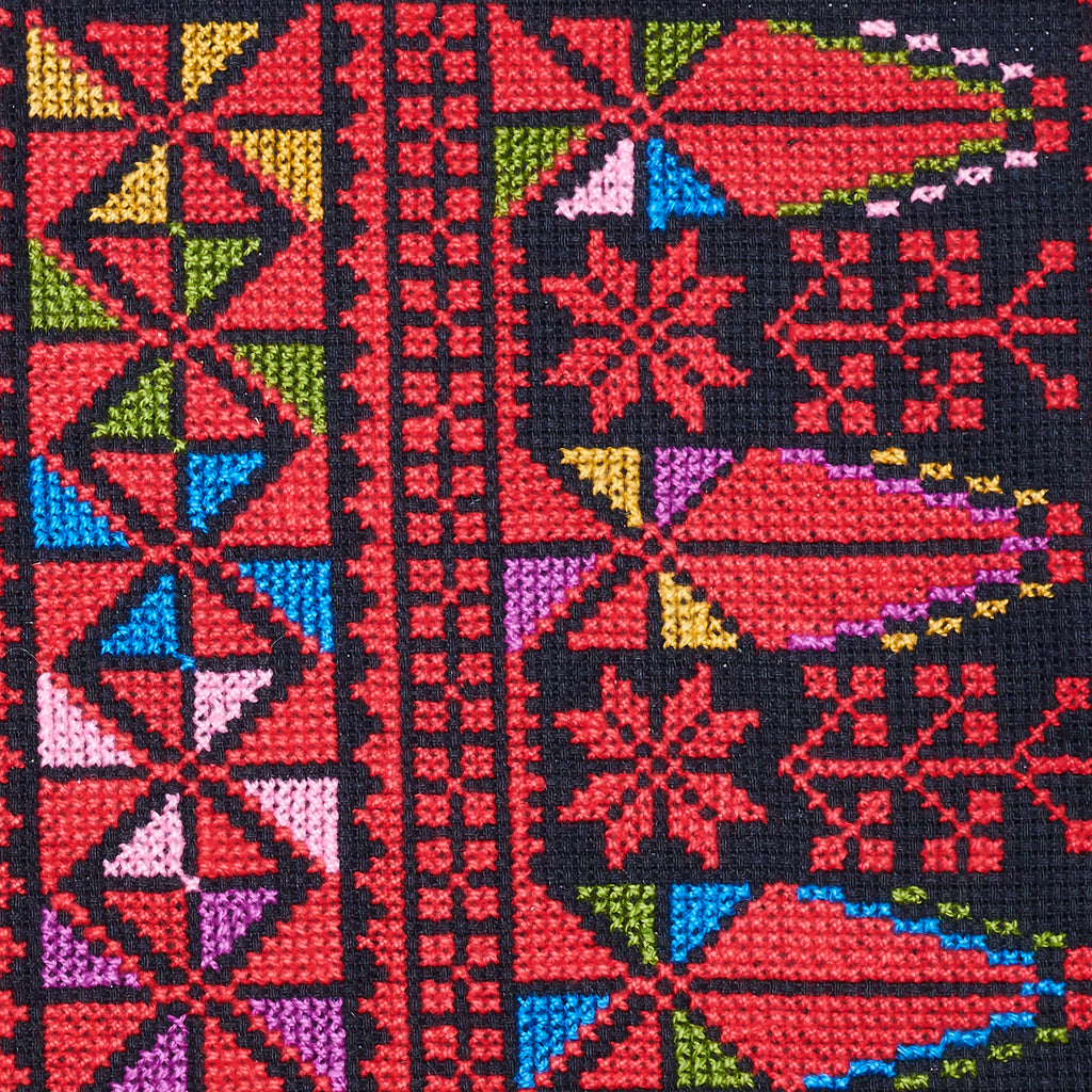 Palestinian Cross-Stitched Cushion | Black, Crimson, Forest Green, Blue, Pink, Blue Violet & Golden Beige