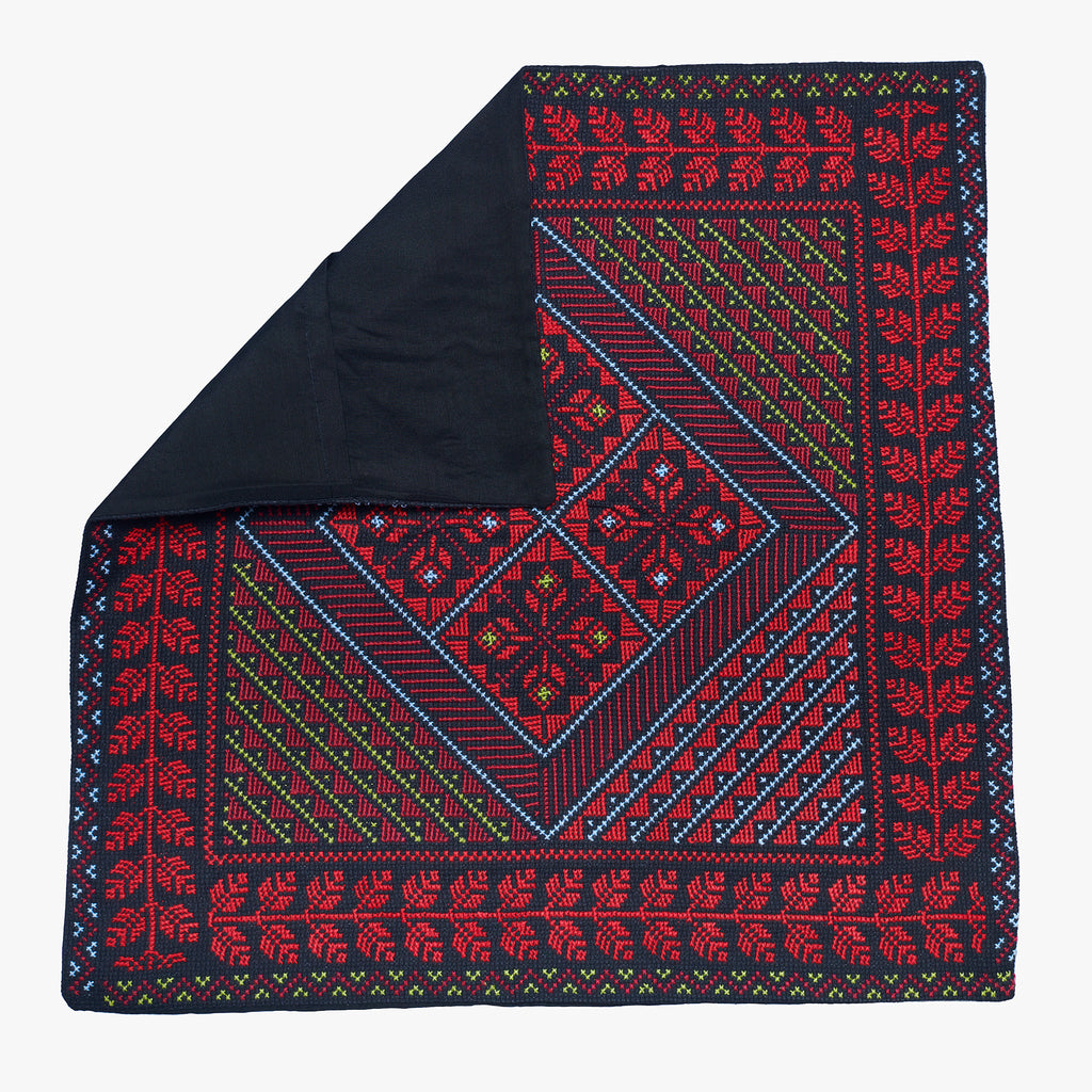 Palestinian Cross-Stitched Cushion | Black, Crimson, Raspberry, Royal blue & Forest green