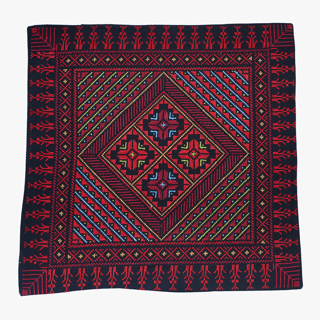 Palestinian Cross-Stitched Cushion | Black, Crimson, Raspberry, Royal blue, Forest green & Golden beige