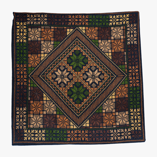 Palestinian Cross-Stitched Cushion | Black, Khaki, Dark Khaki, Golden beige, Chocolate, Coffee brown & Green
