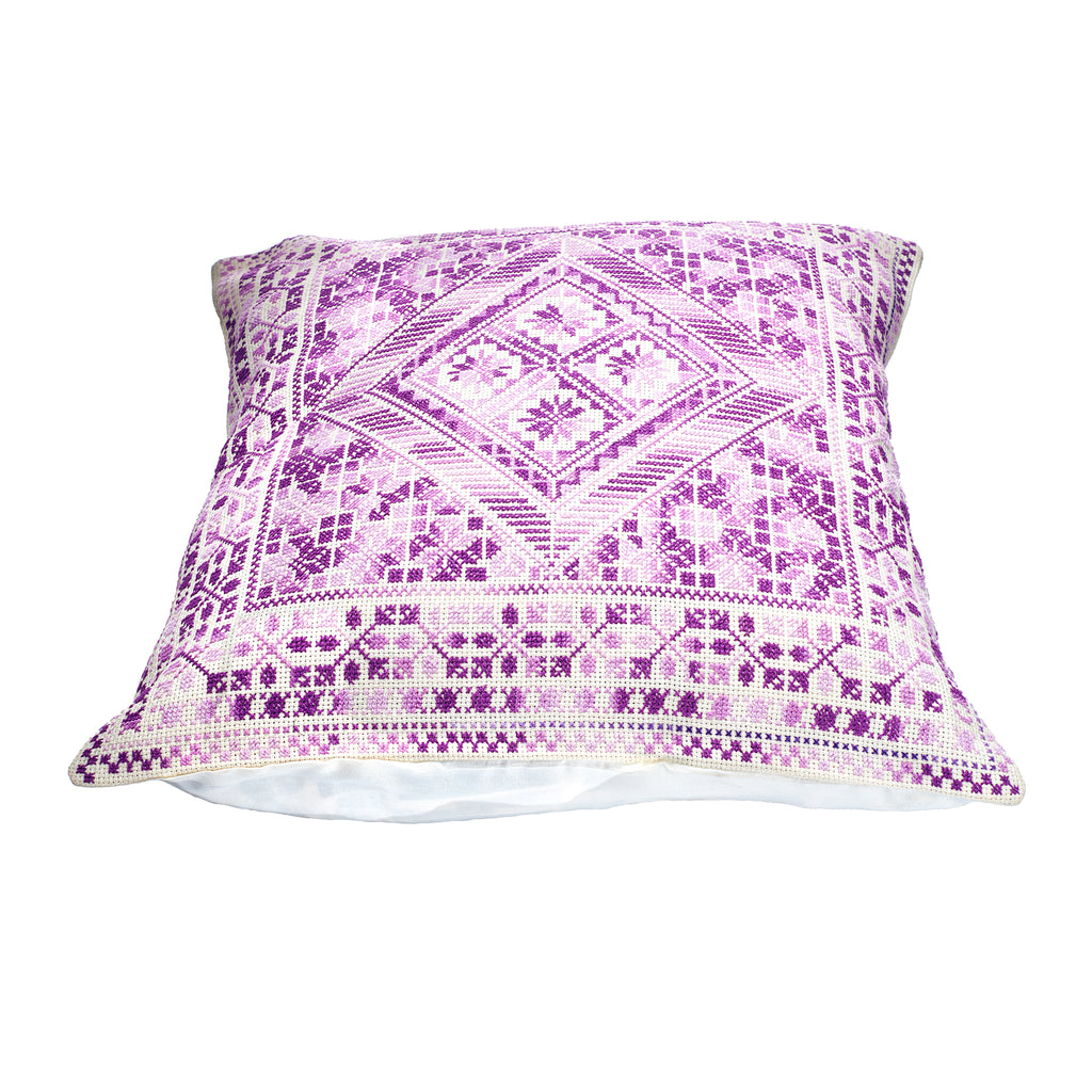 Palestinian Cross-Stitched Cushion | Ivory, Purple, Medium orchid & Violet