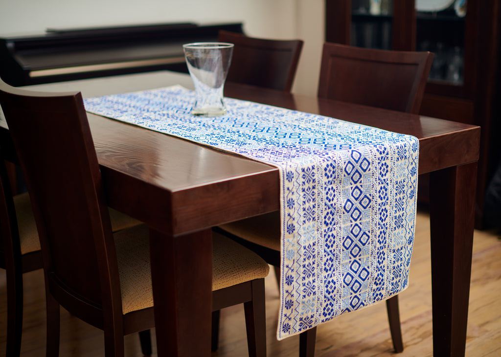 Palestinian Cross-Stitched Table Runner | Ivory, Navy & Light blue
